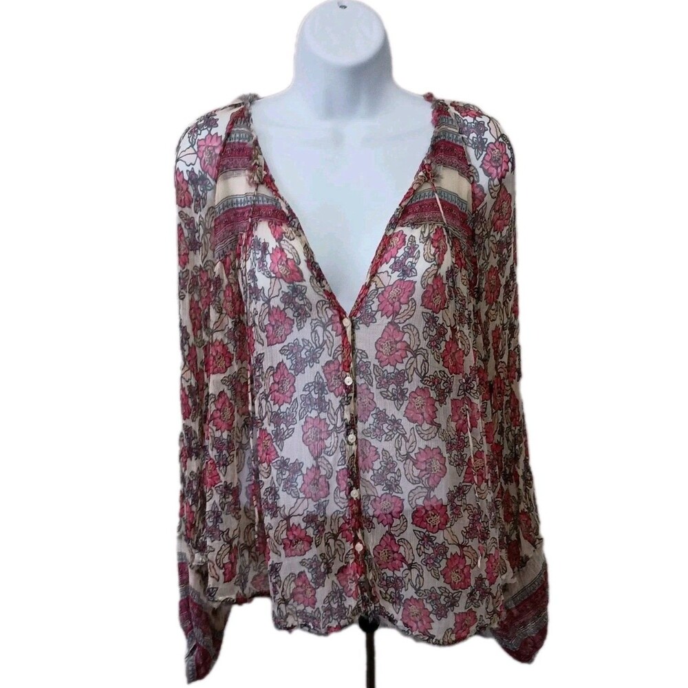 Free People Sheer Top Womens XS Boho Hippie Gauzy Floral Long Sleeve Blouse